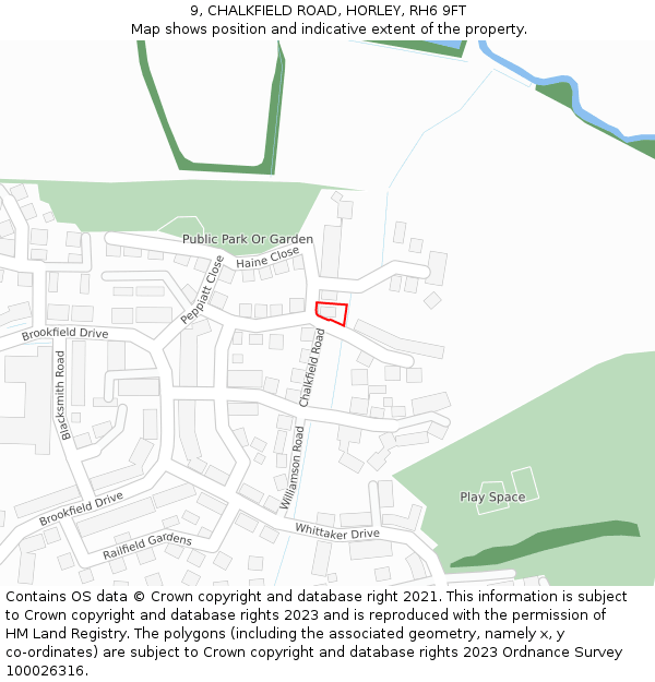 9, CHALKFIELD ROAD, HORLEY, RH6 9FT: Location map and indicative extent of plot