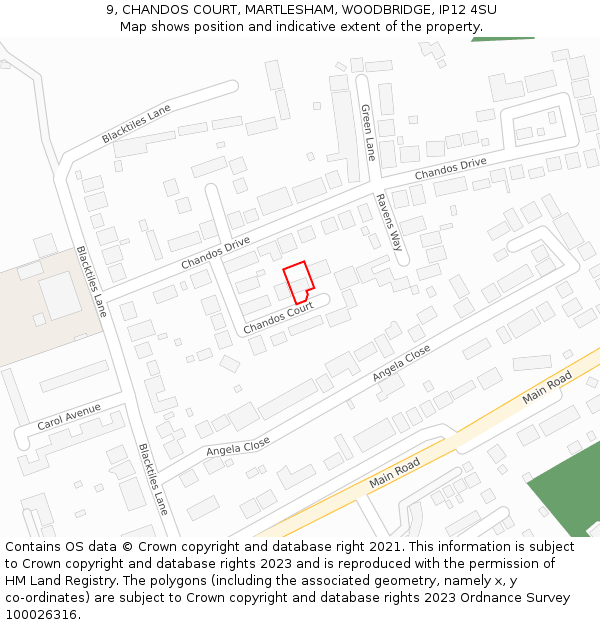 9, CHANDOS COURT, MARTLESHAM, WOODBRIDGE, IP12 4SU: Location map and indicative extent of plot