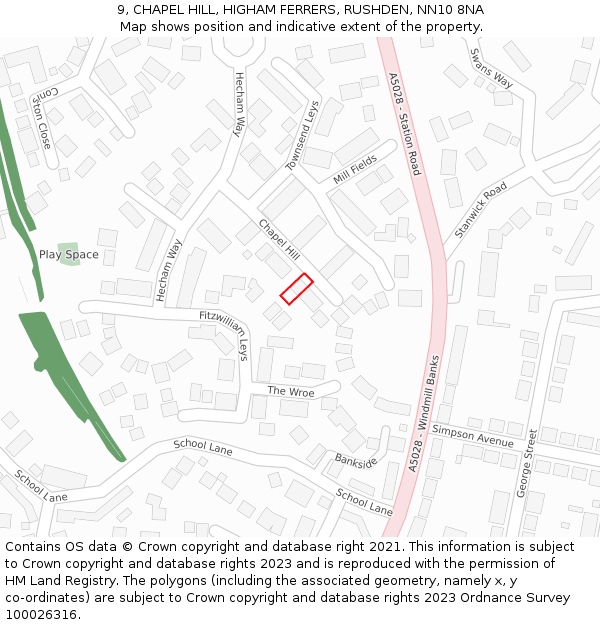 9, CHAPEL HILL, HIGHAM FERRERS, RUSHDEN, NN10 8NA: Location map and indicative extent of plot