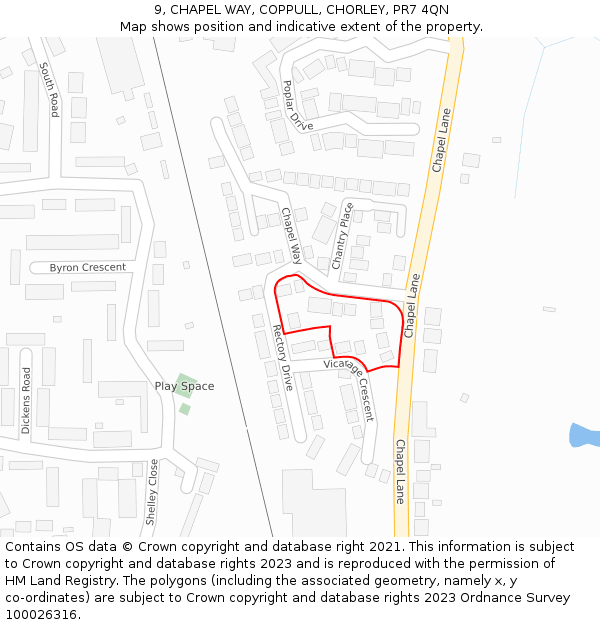 9, CHAPEL WAY, COPPULL, CHORLEY, PR7 4QN: Location map and indicative extent of plot