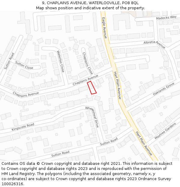 9, CHAPLAINS AVENUE, WATERLOOVILLE, PO8 8QL: Location map and indicative extent of plot