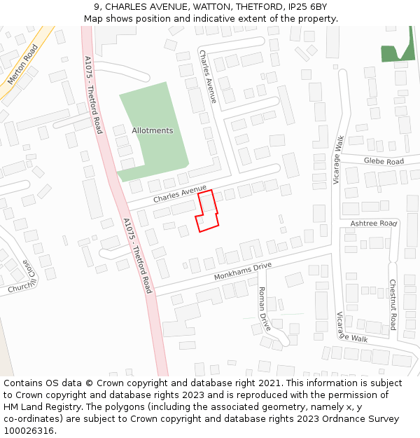 9, CHARLES AVENUE, WATTON, THETFORD, IP25 6BY: Location map and indicative extent of plot