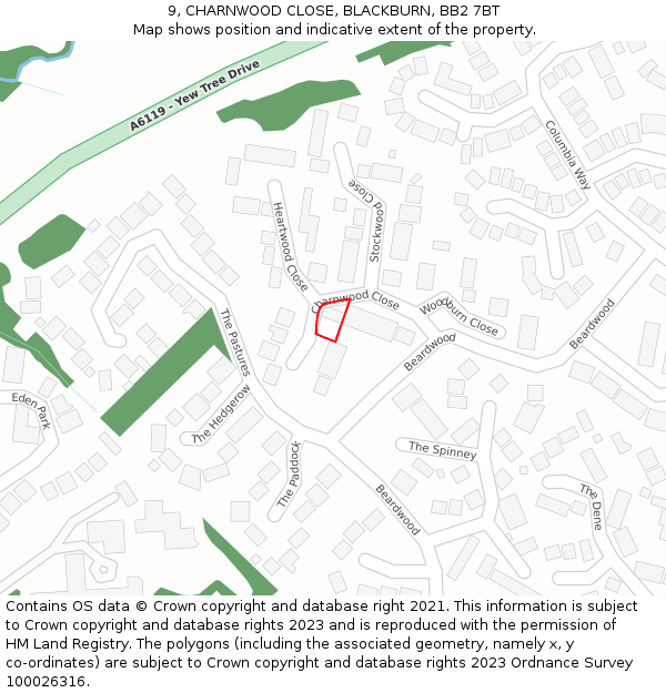 9, CHARNWOOD CLOSE, BLACKBURN, BB2 7BT: Location map and indicative extent of plot