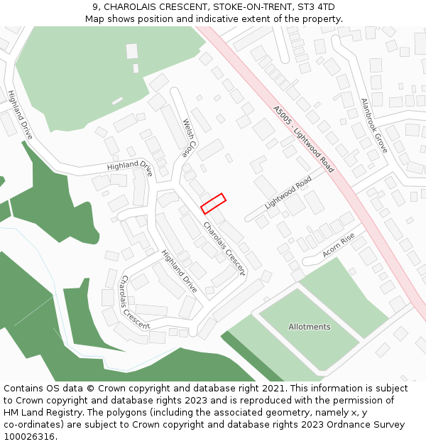 9, CHAROLAIS CRESCENT, STOKE-ON-TRENT, ST3 4TD: Location map and indicative extent of plot