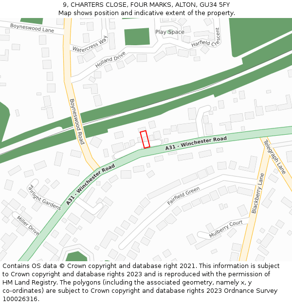 9, CHARTERS CLOSE, FOUR MARKS, ALTON, GU34 5FY: Location map and indicative extent of plot