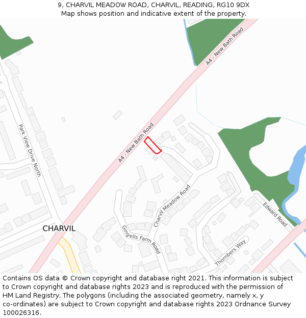 9, CHARVIL MEADOW ROAD, CHARVIL, READING, RG10 9DX: Location map and indicative extent of plot