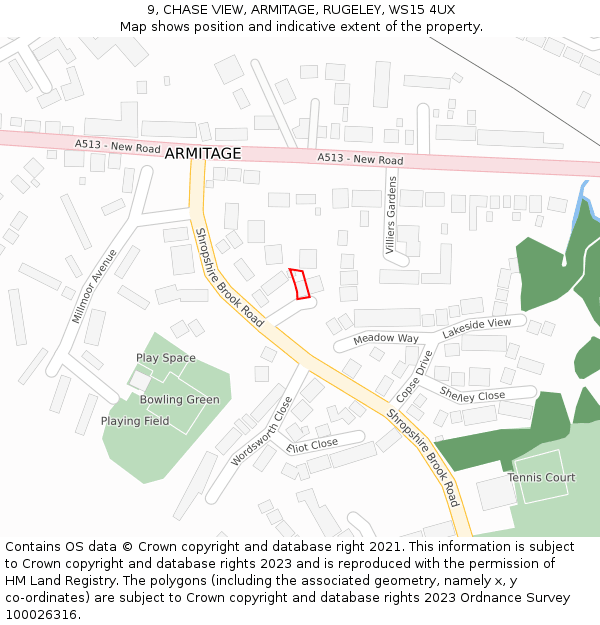 9, CHASE VIEW, ARMITAGE, RUGELEY, WS15 4UX: Location map and indicative extent of plot