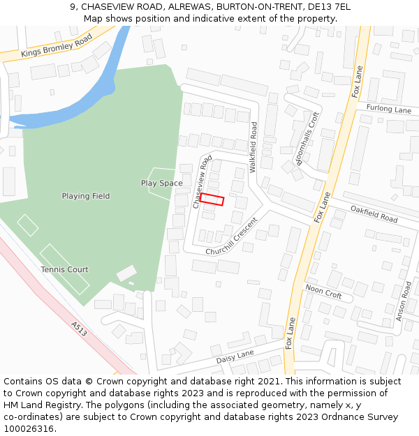 9, CHASEVIEW ROAD, ALREWAS, BURTON-ON-TRENT, DE13 7EL: Location map and indicative extent of plot