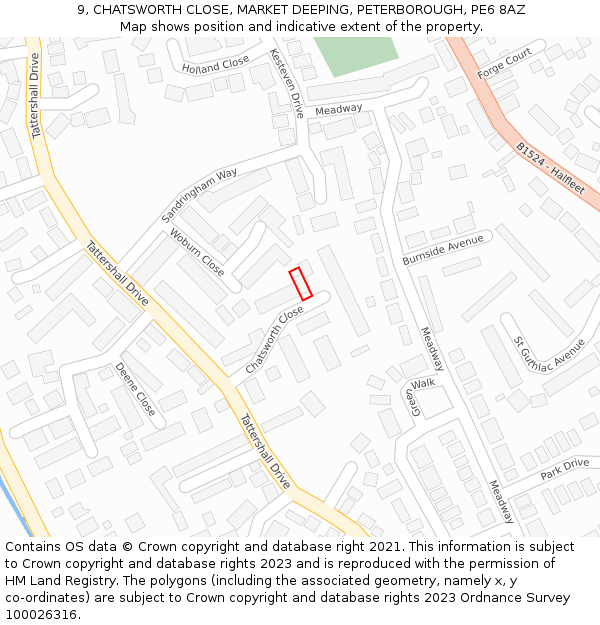 9, CHATSWORTH CLOSE, MARKET DEEPING, PETERBOROUGH, PE6 8AZ: Location map and indicative extent of plot