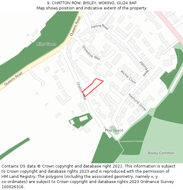 9, CHATTON ROW, BISLEY, WOKING, GU24 9AP: Location map and indicative extent of plot