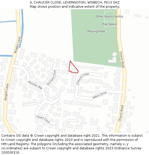 9, CHAUCER CLOSE, LEVERINGTON, WISBECH, PE13 5AZ: Location map and indicative extent of plot
