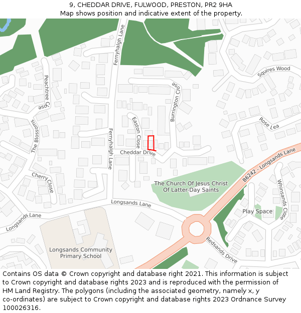 9, CHEDDAR DRIVE, FULWOOD, PRESTON, PR2 9HA: Location map and indicative extent of plot