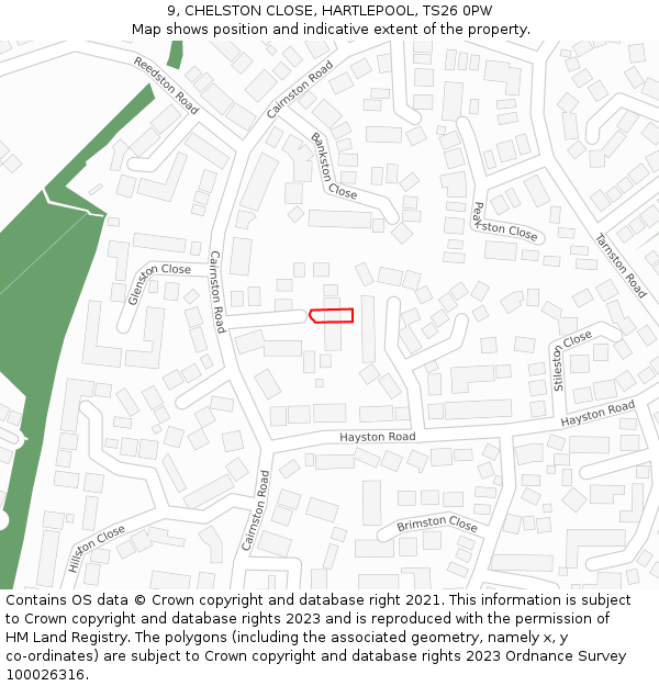 9, CHELSTON CLOSE, HARTLEPOOL, TS26 0PW: Location map and indicative extent of plot