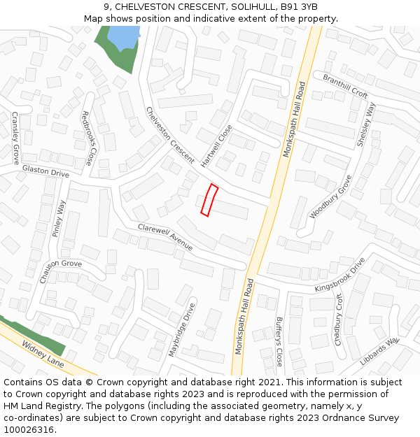 9, CHELVESTON CRESCENT, SOLIHULL, B91 3YB: Location map and indicative extent of plot