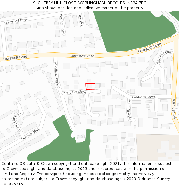 9, CHERRY HILL CLOSE, WORLINGHAM, BECCLES, NR34 7EG: Location map and indicative extent of plot