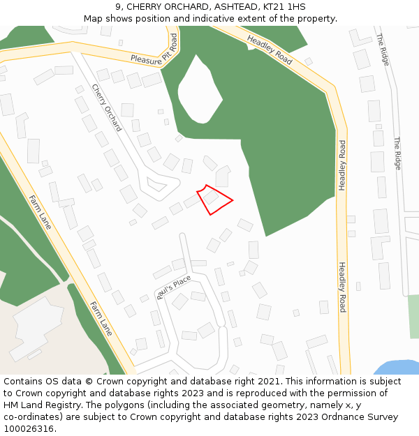9, CHERRY ORCHARD, ASHTEAD, KT21 1HS: Location map and indicative extent of plot