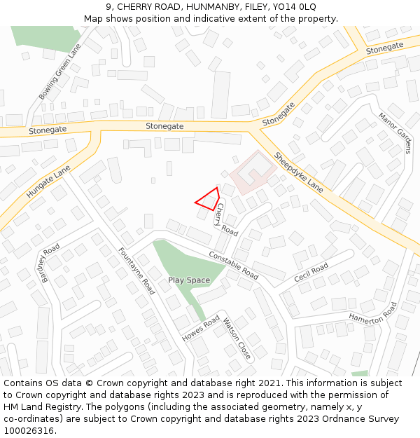 9, CHERRY ROAD, HUNMANBY, FILEY, YO14 0LQ: Location map and indicative extent of plot