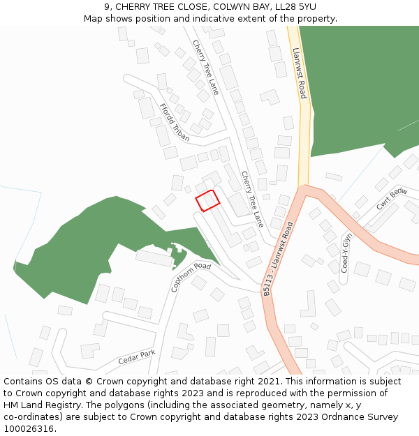 9, CHERRY TREE CLOSE, COLWYN BAY, LL28 5YU: Location map and indicative extent of plot
