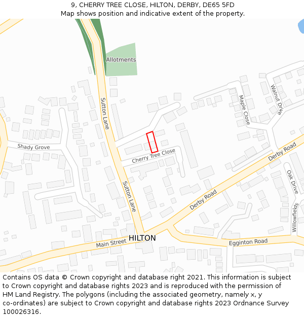 9, CHERRY TREE CLOSE, HILTON, DERBY, DE65 5FD: Location map and indicative extent of plot