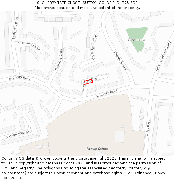 9, CHERRY TREE CLOSE, SUTTON COLDFIELD, B75 7DE: Location map and indicative extent of plot