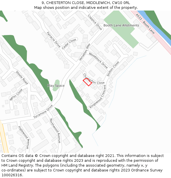 9, CHESTERTON CLOSE, MIDDLEWICH, CW10 0RL: Location map and indicative extent of plot