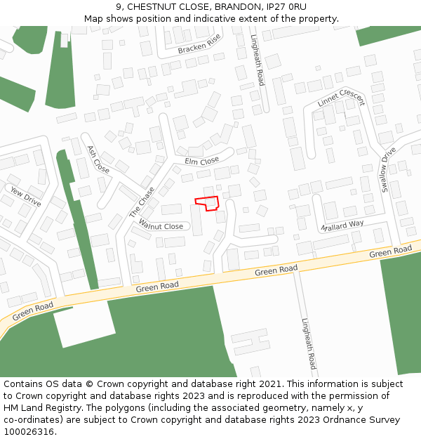 9, CHESTNUT CLOSE, BRANDON, IP27 0RU: Location map and indicative extent of plot