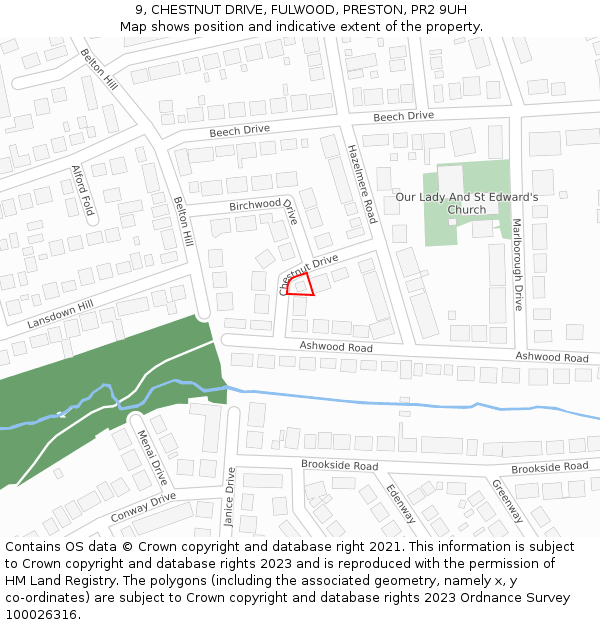 9, CHESTNUT DRIVE, FULWOOD, PRESTON, PR2 9UH: Location map and indicative extent of plot