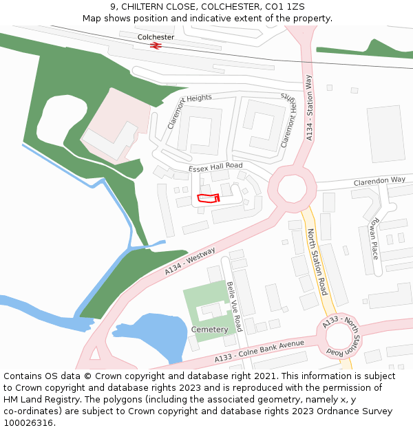 9, CHILTERN CLOSE, COLCHESTER, CO1 1ZS: Location map and indicative extent of plot