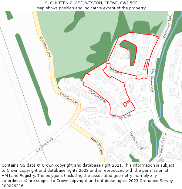 9, CHILTERN CLOSE, WESTON, CREWE, CW2 5GE: Location map and indicative extent of plot