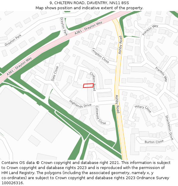 9, CHILTERN ROAD, DAVENTRY, NN11 8SS: Location map and indicative extent of plot