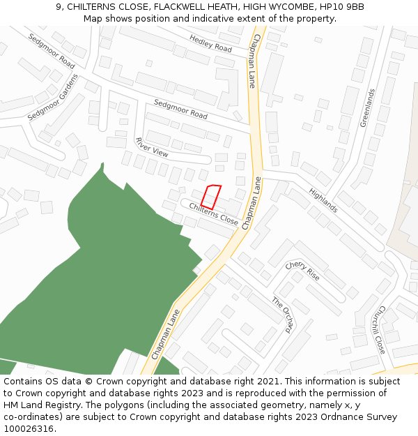 9, CHILTERNS CLOSE, FLACKWELL HEATH, HIGH WYCOMBE, HP10 9BB: Location map and indicative extent of plot