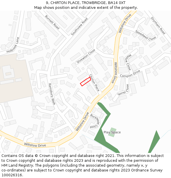 9, CHIRTON PLACE, TROWBRIDGE, BA14 0XT: Location map and indicative extent of plot