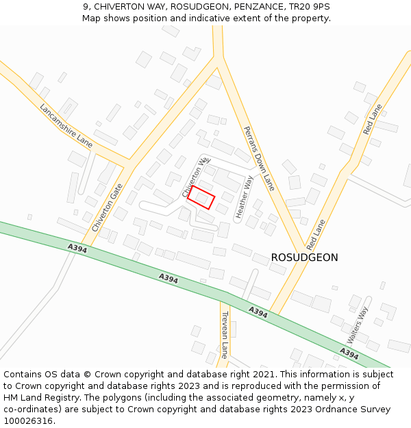 9, CHIVERTON WAY, ROSUDGEON, PENZANCE, TR20 9PS: Location map and indicative extent of plot