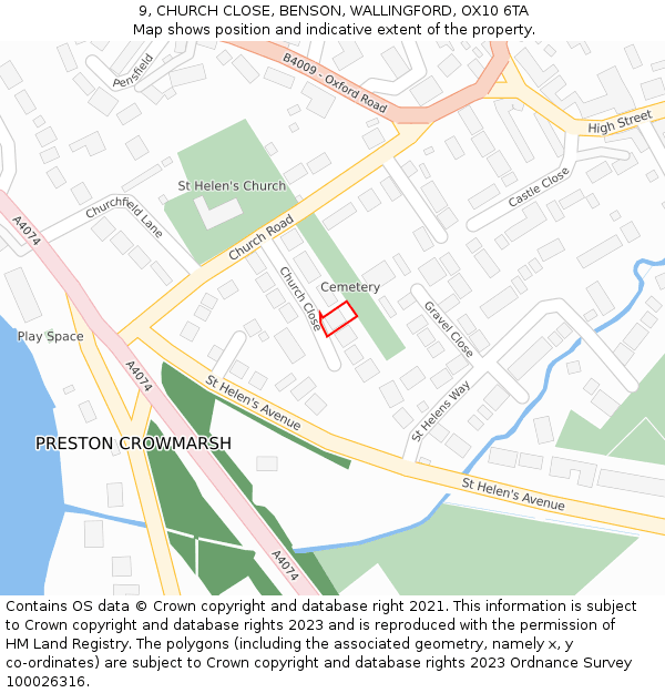 9, CHURCH CLOSE, BENSON, WALLINGFORD, OX10 6TA: Location map and indicative extent of plot