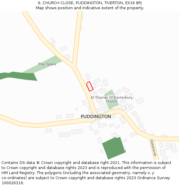 9, CHURCH CLOSE, PUDDINGTON, TIVERTON, EX16 8PJ: Location map and indicative extent of plot