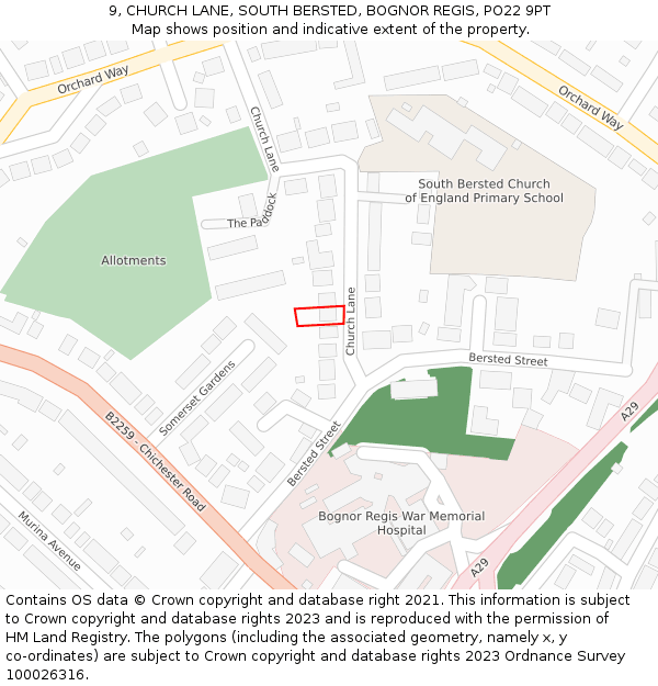 9, CHURCH LANE, SOUTH BERSTED, BOGNOR REGIS, PO22 9PT: Location map and indicative extent of plot