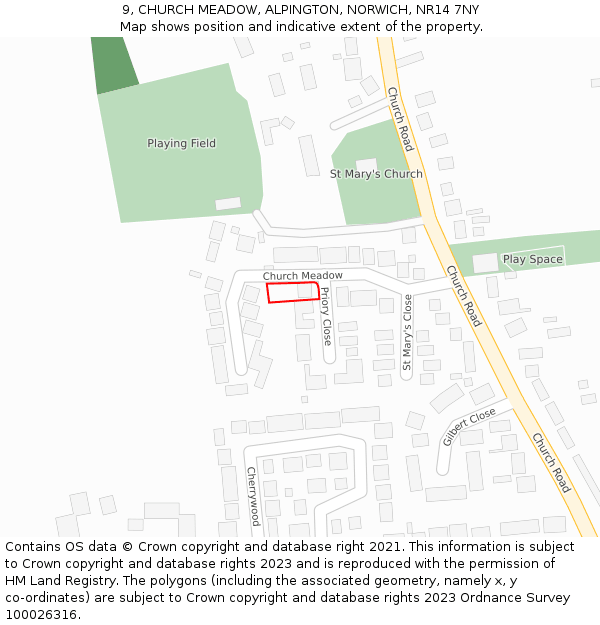 9, CHURCH MEADOW, ALPINGTON, NORWICH, NR14 7NY: Location map and indicative extent of plot