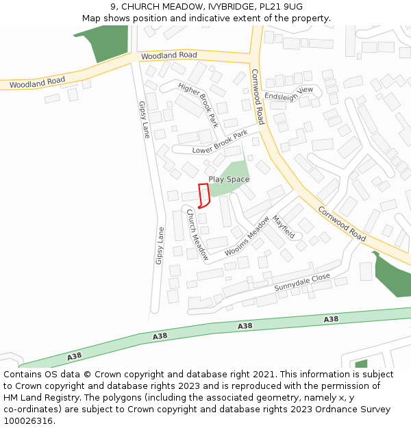 9, CHURCH MEADOW, IVYBRIDGE, PL21 9UG: Location map and indicative extent of plot