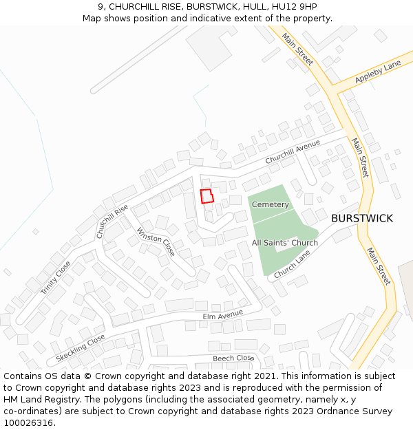 9, CHURCHILL RISE, BURSTWICK, HULL, HU12 9HP: Location map and indicative extent of plot