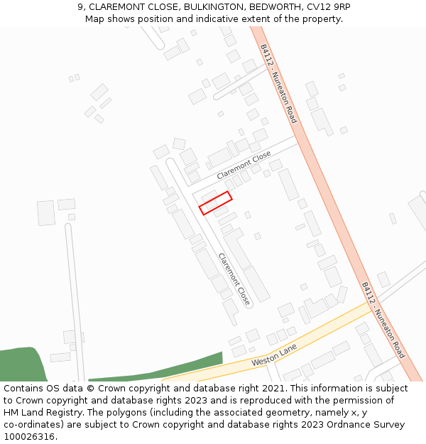 9, CLAREMONT CLOSE, BULKINGTON, BEDWORTH, CV12 9RP: Location map and indicative extent of plot