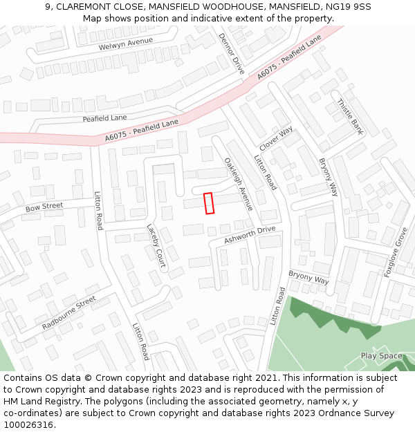 9, CLAREMONT CLOSE, MANSFIELD WOODHOUSE, MANSFIELD, NG19 9SS: Location map and indicative extent of plot