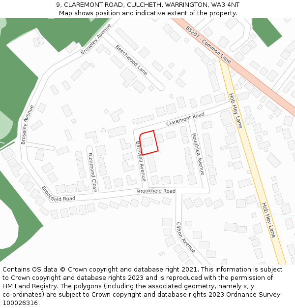 9, CLAREMONT ROAD, CULCHETH, WARRINGTON, WA3 4NT: Location map and indicative extent of plot