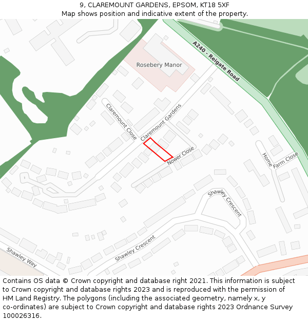 9, CLAREMOUNT GARDENS, EPSOM, KT18 5XF: Location map and indicative extent of plot