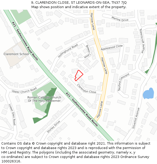 9, CLARENDON CLOSE, ST LEONARDS-ON-SEA, TN37 7JQ: Location map and indicative extent of plot