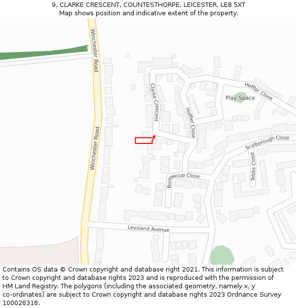9, CLARKE CRESCENT, COUNTESTHORPE, LEICESTER, LE8 5XT: Location map and indicative extent of plot