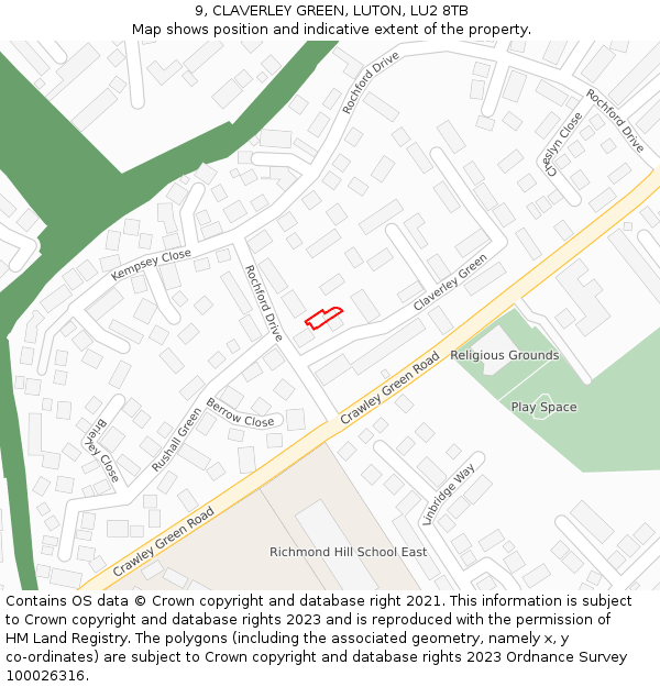 9, CLAVERLEY GREEN, LUTON, LU2 8TB: Location map and indicative extent of plot