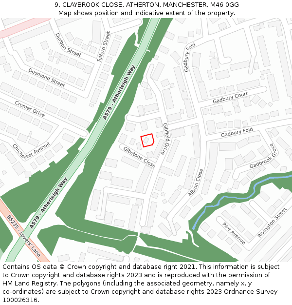 9, CLAYBROOK CLOSE, ATHERTON, MANCHESTER, M46 0GG: Location map and indicative extent of plot