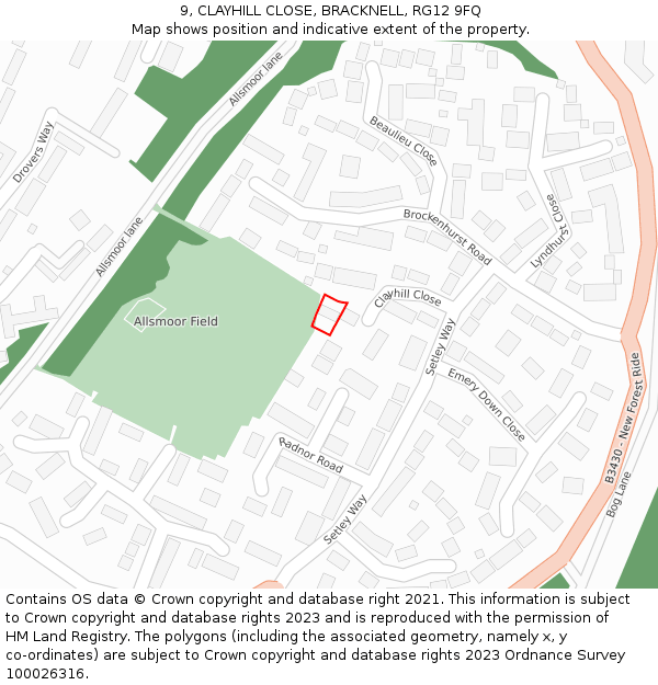 9, CLAYHILL CLOSE, BRACKNELL, RG12 9FQ: Location map and indicative extent of plot