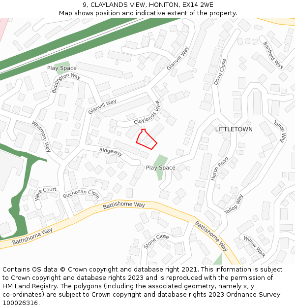 9, CLAYLANDS VIEW, HONITON, EX14 2WE: Location map and indicative extent of plot