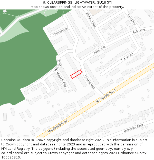 9, CLEARSPRINGS, LIGHTWATER, GU18 5YJ: Location map and indicative extent of plot